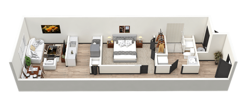 Floor plan for 1 bed, 1 bath, 596 sqft